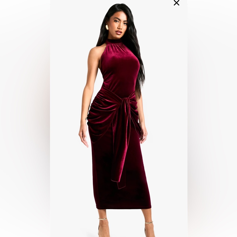 Boohoo One Shoulder Burgundy Velvet Dress